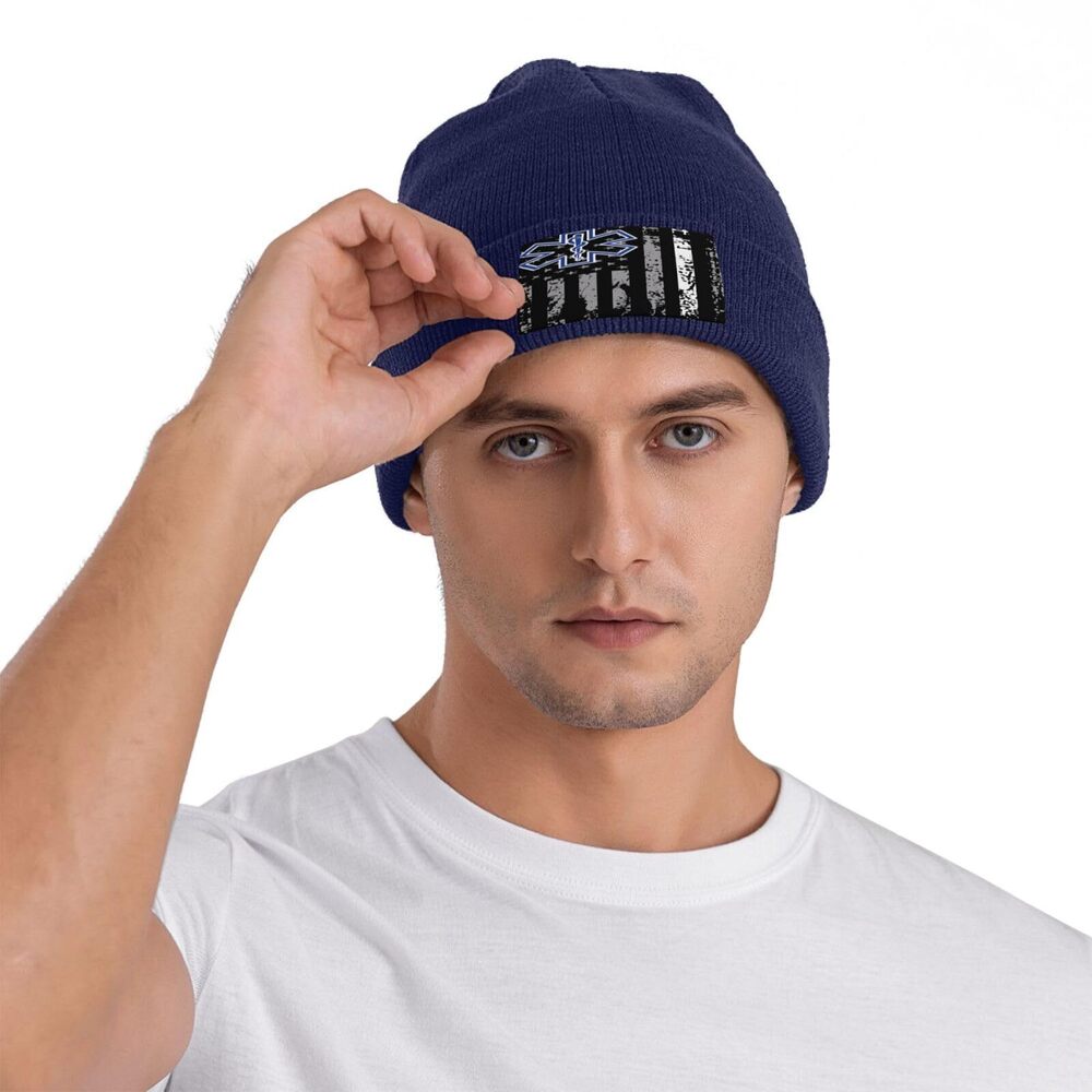 6067 Thin White Line EMS Paramedic American Flag Stretchy Knit Beanie Hat - Picture 6 of 7